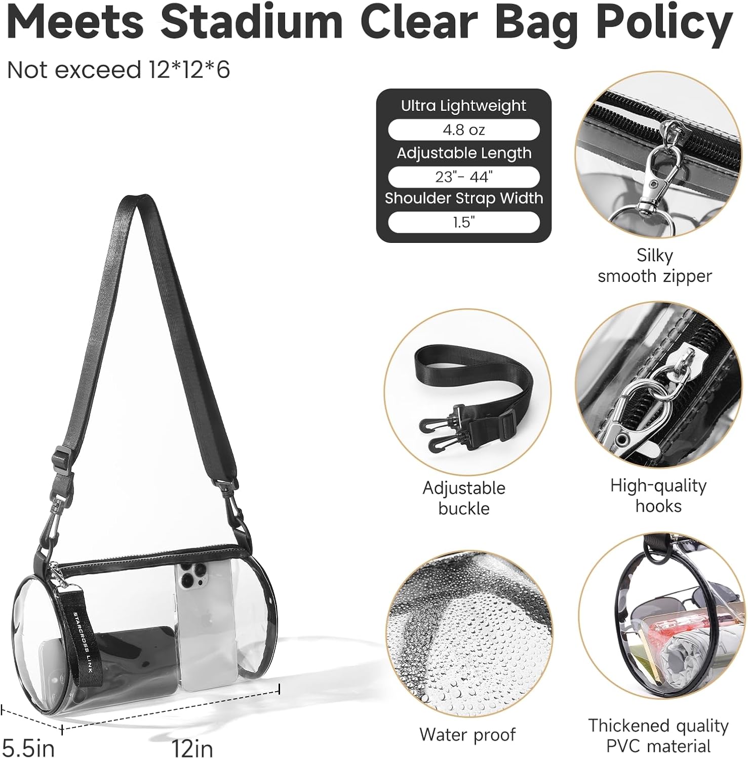 Clear Stadium Bag, Cylindrical Transparent Crossbody Duffel, Lightweight Clear Bag for Soccer Games, Concerts & Sporting Events, Stadium-Compliant Design