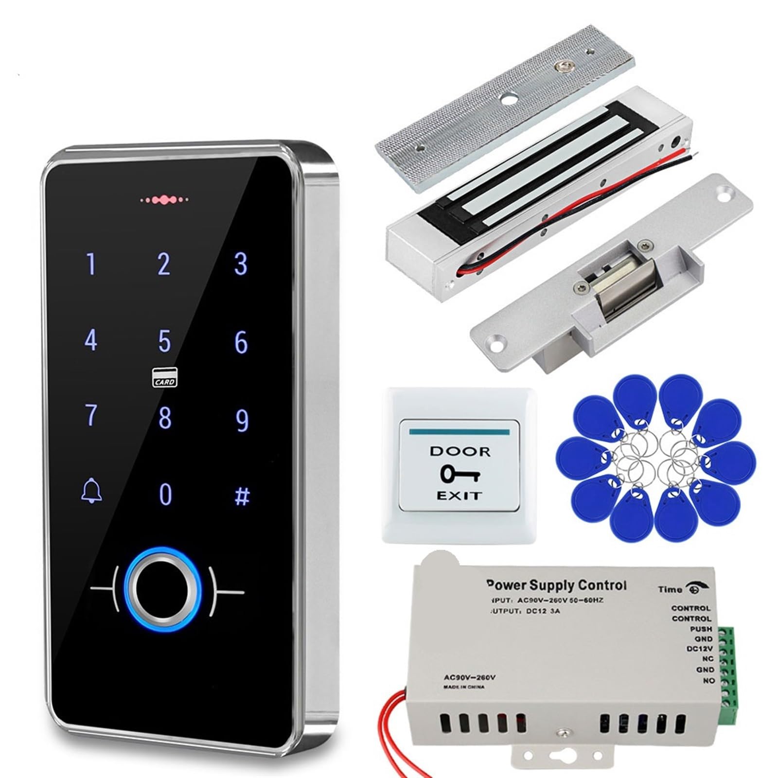 de Control de Acceso de Puerta a Prueba de Agua IP68, Teclado biométrico RFID, Fuente de alimentación, cerraduras magnéticas eléctricas de 180KG for el hogar(Kit9 (180KG AN))