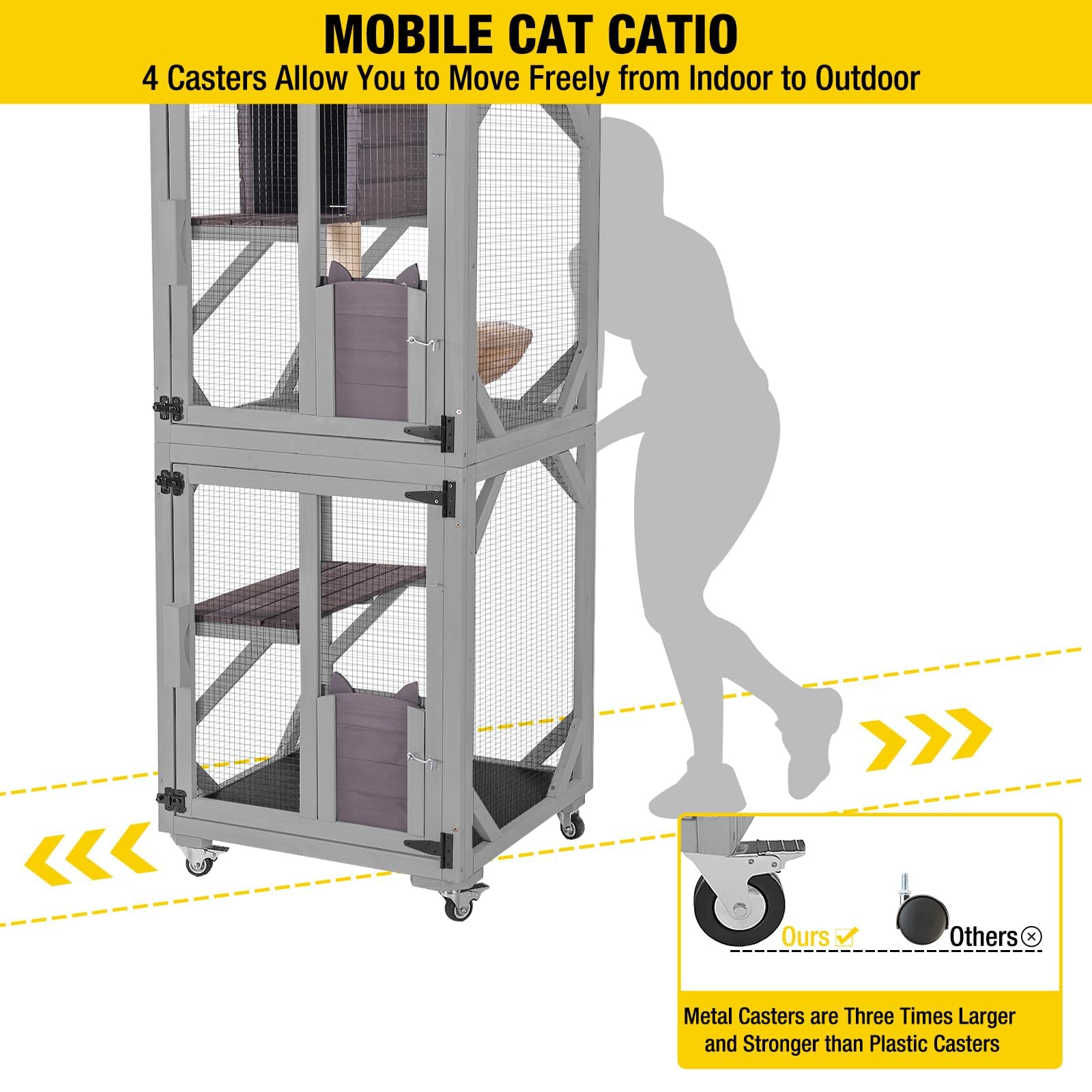 X-ZONE Cat Catio Niche d'extérieur mobile pour chat sur roues avec boîte de repos, housse imperméable gris moyen 62x59,5x159,5 cm