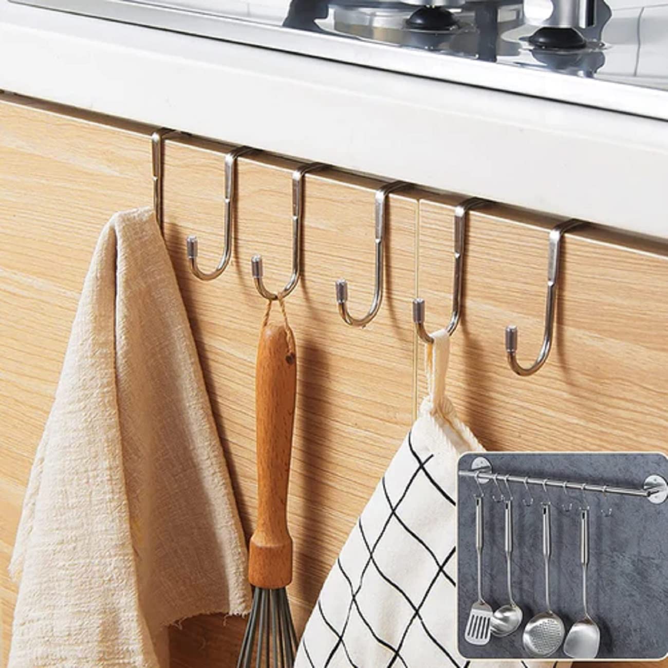 JIALTO® 2 PCS Over The Door Drawer Cabinet Hook, S.S 304 Stainless Steel Double S-Shaped Holder Hanger, Heavy Duty Free Punching Door Back Hanging Clothes Organizer (Silver) - Image 5 thumbnail