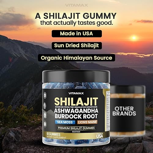 Miniatura 5 de Gomitas Shilajit orgánicas, musgo marino, Ashwagandha, más de 105 minerales traza - Raíz de bardana orgánica y hongo melena de león - Blue Razz -