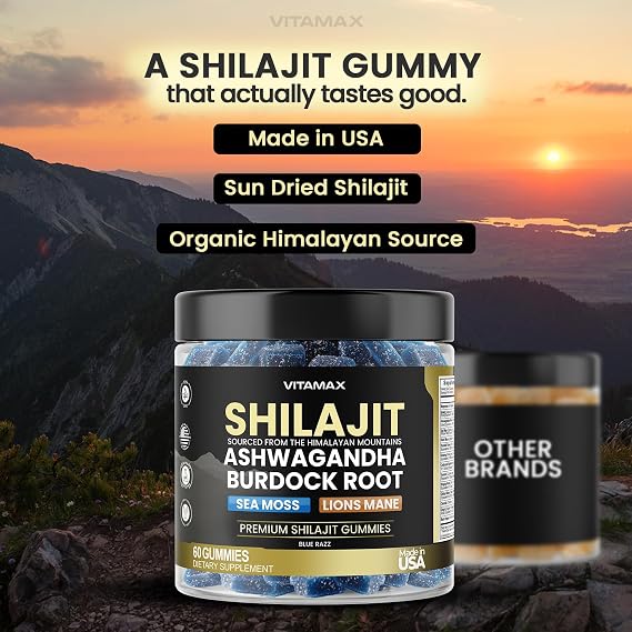 Pure Shilajit Gummies, Sea Moss, Ashwagandha, 105+ Trace Minerals Organic Burdock Root & Lions Mane Mushroom - Blue Razz Vegan & Non-GMO Made in USA 60ct