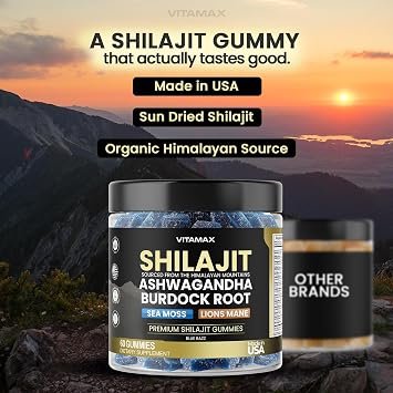 Pure Shilajit Gummies, Sea Moss, Ashwagandha, 105+ Trace Minerals Organic Burdock Root & Lions Mane Mushroom - Blue Razz Vegan & Non-GMO Made in USA 60ct