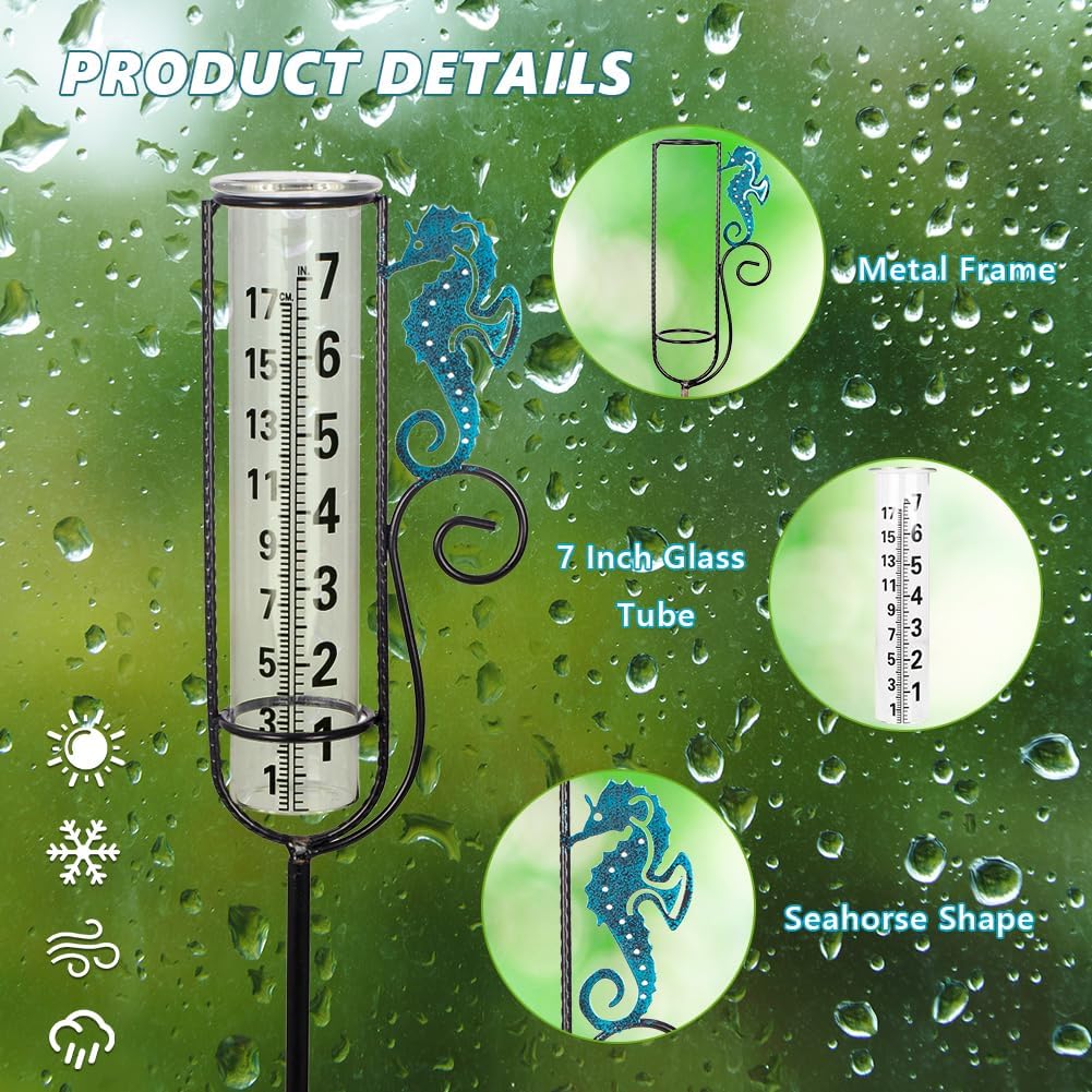 Rain Gauge Outdoor,7 Inch Glass Decorative Rain Gauge Seahorses Rain Guage Rain Measure Gauge with Metal Stake for Garden Patio Lawn