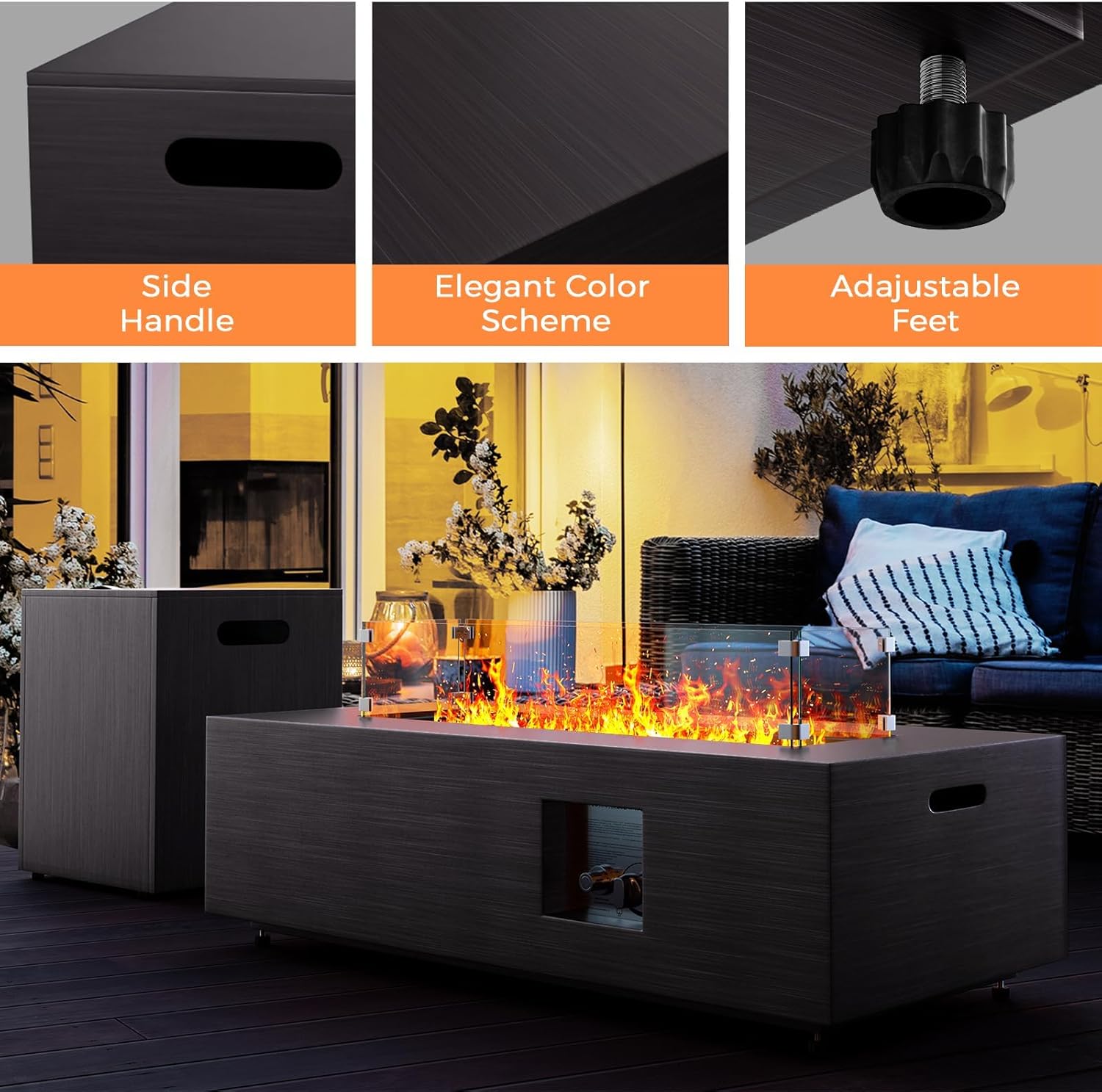 Fire Pit Table 42in Propane Fire Pit 50,000 BTU Rectangular Gas Fire Pits with Wind Guard Propane Tank Cover Table Lava Rocks for Outdoor Outside Patio