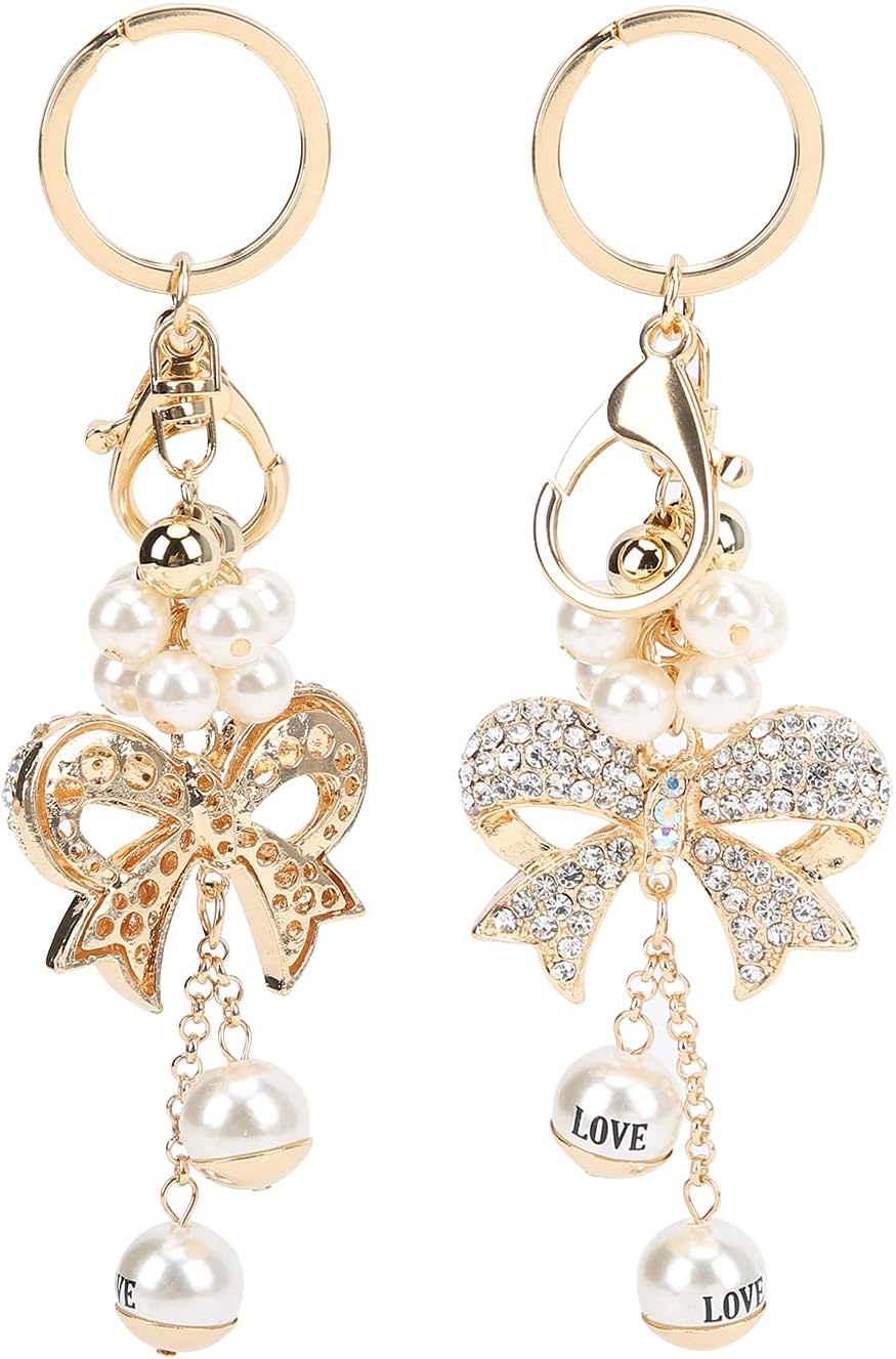 Pssopp 2Pcs Rhinestone Keychain, Bowknot Alloy Pearl Key Ring Charm Pendant Pearl Keychain Rhinestone Wearable Keyring for Women Girl Purse Bag