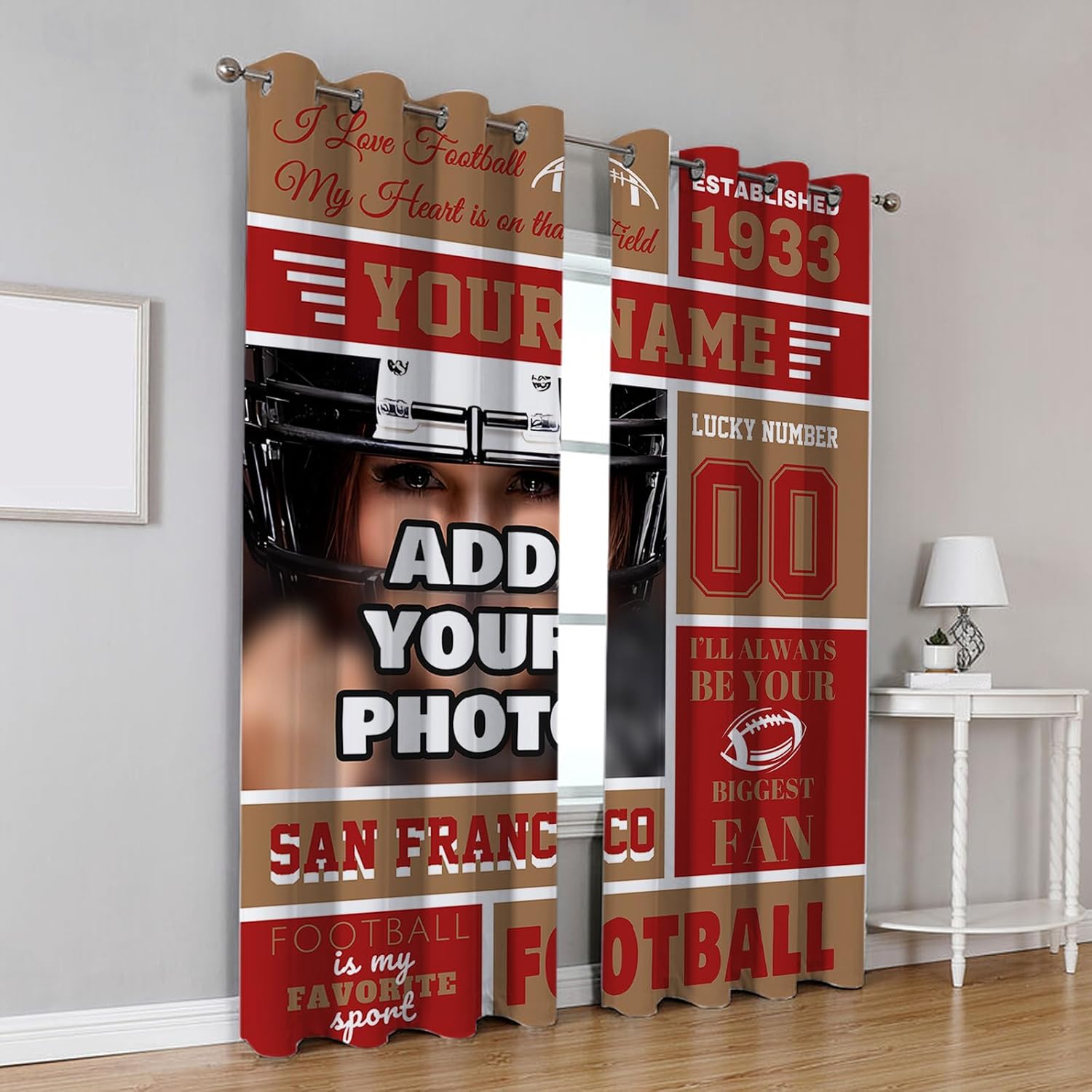 Custom San Francisco Blackout Curtains, Personalized Football Curtains with Name and Number, Customized Window Drapes Set of 2 Panels for Bedroom Decor