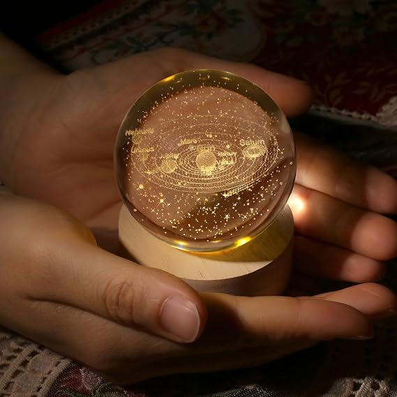 DUQGUHO Solar System Crystal Ball Lamp 2.4inch 3D Universe Astronomy Decor Quartz Glass Ball Globe Figurine Night Light Space Balls Decorative Science Gifts for Adults