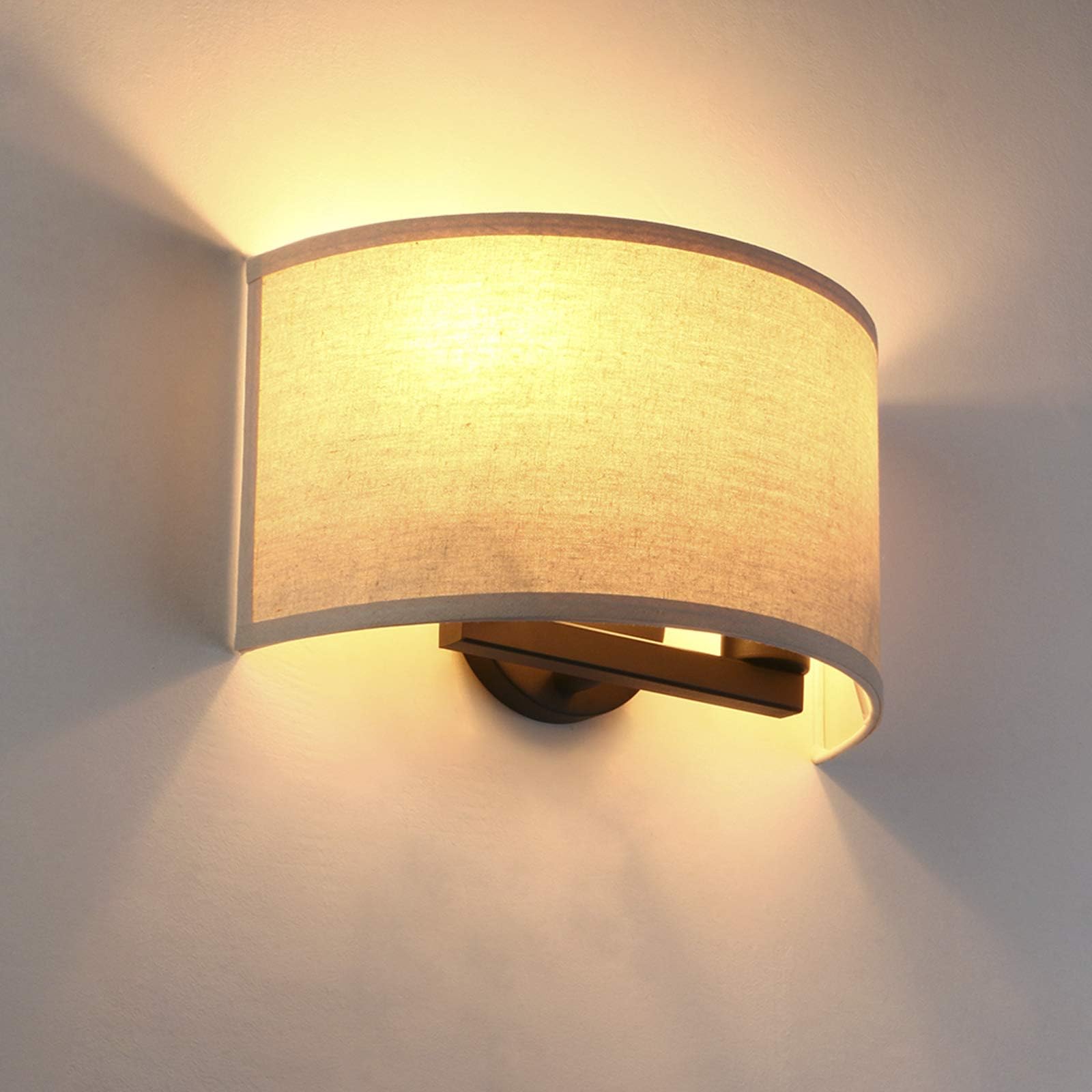 Permo Indoor Bedside Hidden Night Wall Lamp Single 2-Lights Vintage Industrial Fixture with Semicircular Fabric Shade for Reading Bedroom Living Room Dining Room Hotel(Linen)