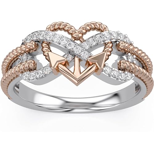 Infinity Heart Anchor Rope Promise Rings for Women, 1/10 Carat Round Cut Moissanite, Lab Grown or Natural Diamond Two Tone Ring in 14K Gold Plated 925 Sterling Silver Jewelry Gift for Her