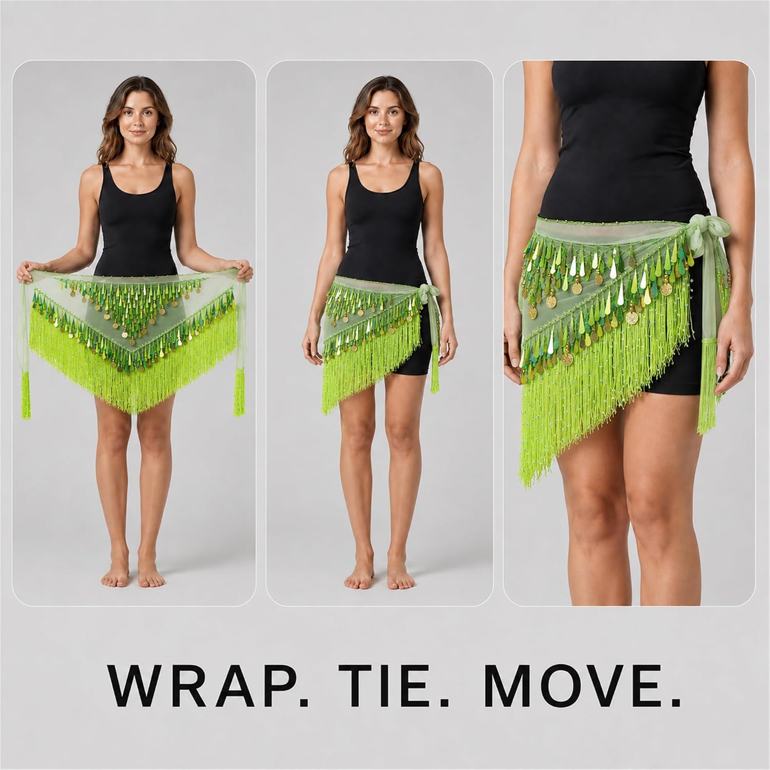 MUNAFIE Belly Dance Hip Scarf for Women, Sequin Fringe Wrap with Plastic Coins and Tassels for Costumes and Festivals image 2
