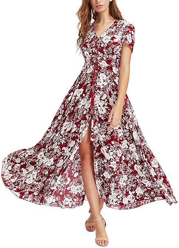 Abito casual da donna stile bohemien stile etnico con stampa floreale a maniche corte