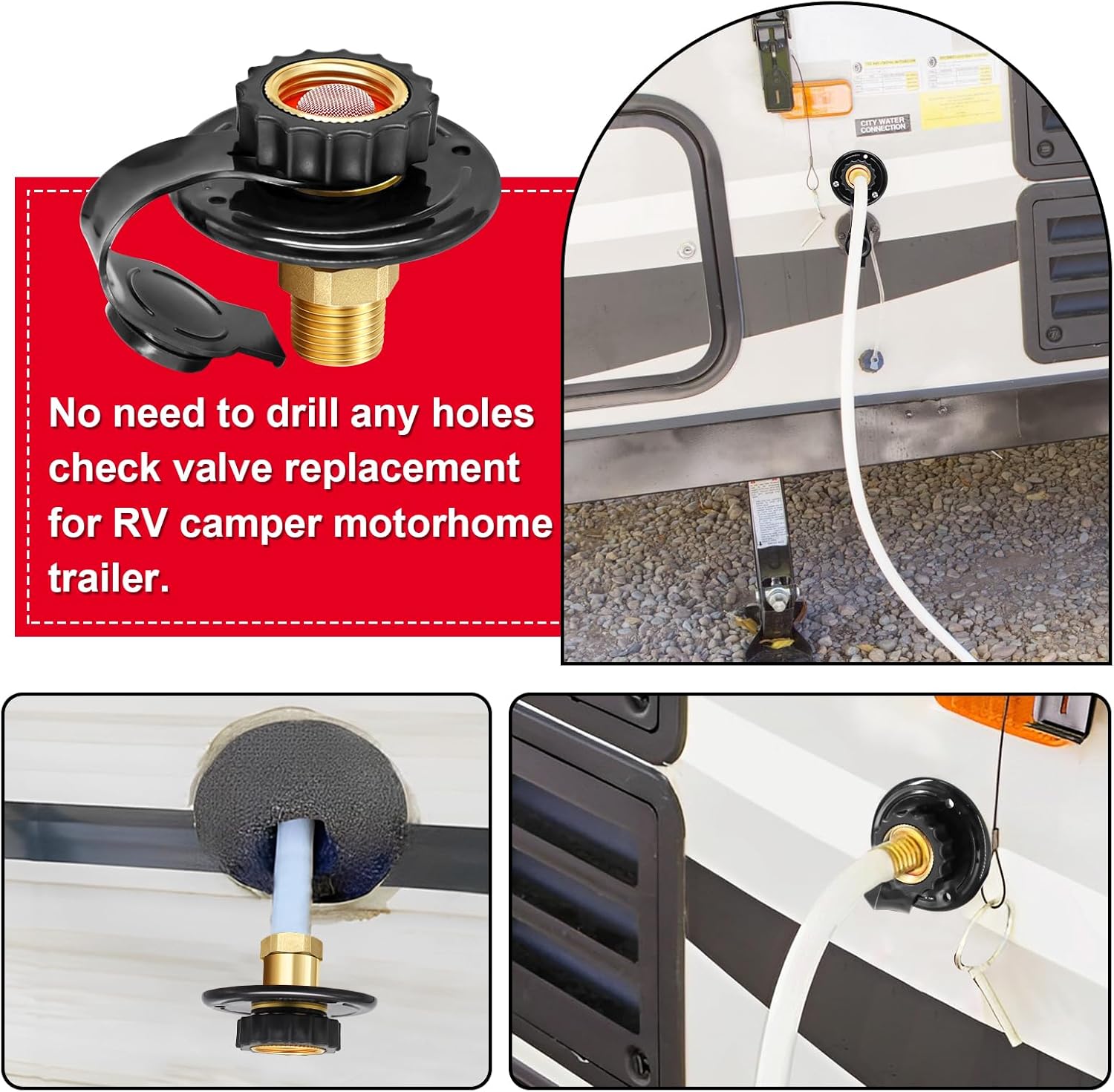 RV City Water Inlet with Check Valve, 3/4 NH Female to 1/2 NPT Male Black Flange RV Fresh Water Inlet, Lead-free Brass RV Water Connection Inlet with Dust Plug for RV Camper Motorhome Trailer Marine