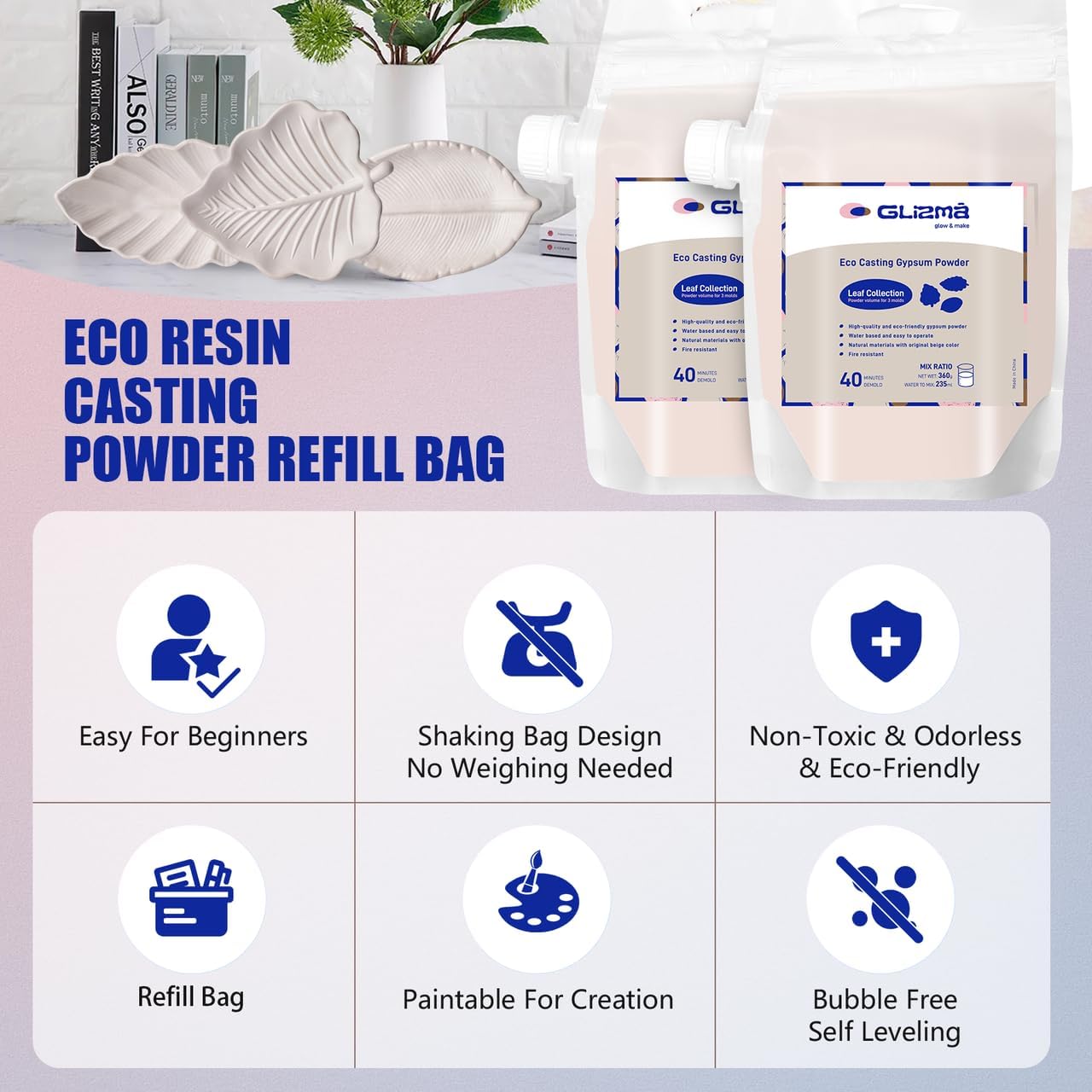 Refill Pack for Leaf Craft Kit, 0.79lb × 2 Bags, Plaster Casting Powder 360g × 2, Water-Activated Art Plaster, Fast Setting with 40+ Minute Demold Time, Shake-to-Mix Bag Design