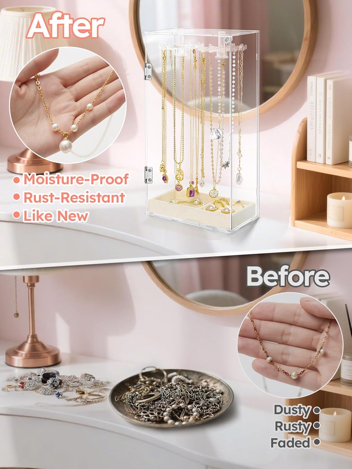 Cirhy Necklace Holder, Acrylic Necklace Organizer with 24 Rotating Hooks, Dust-Proof Jewelry Display Case for Necklaces, Pendants, Earrings, Rings, Enclosed Clear Storage Stand with Velvet Lined Tray - Image 4