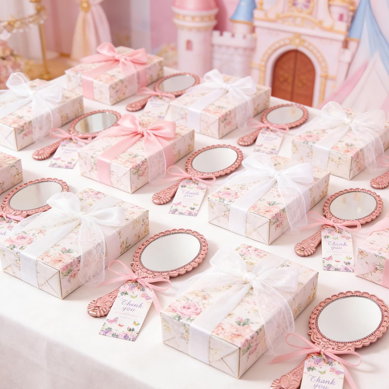 14 Set Vintage Handheld Mirror with Handle, Princess Mirror Embossed Portable Small Mirrors with Ribbon and Thank You Tags Suitable for Wedding Birthday Gifts Princess Party - 9.8 x 4.5