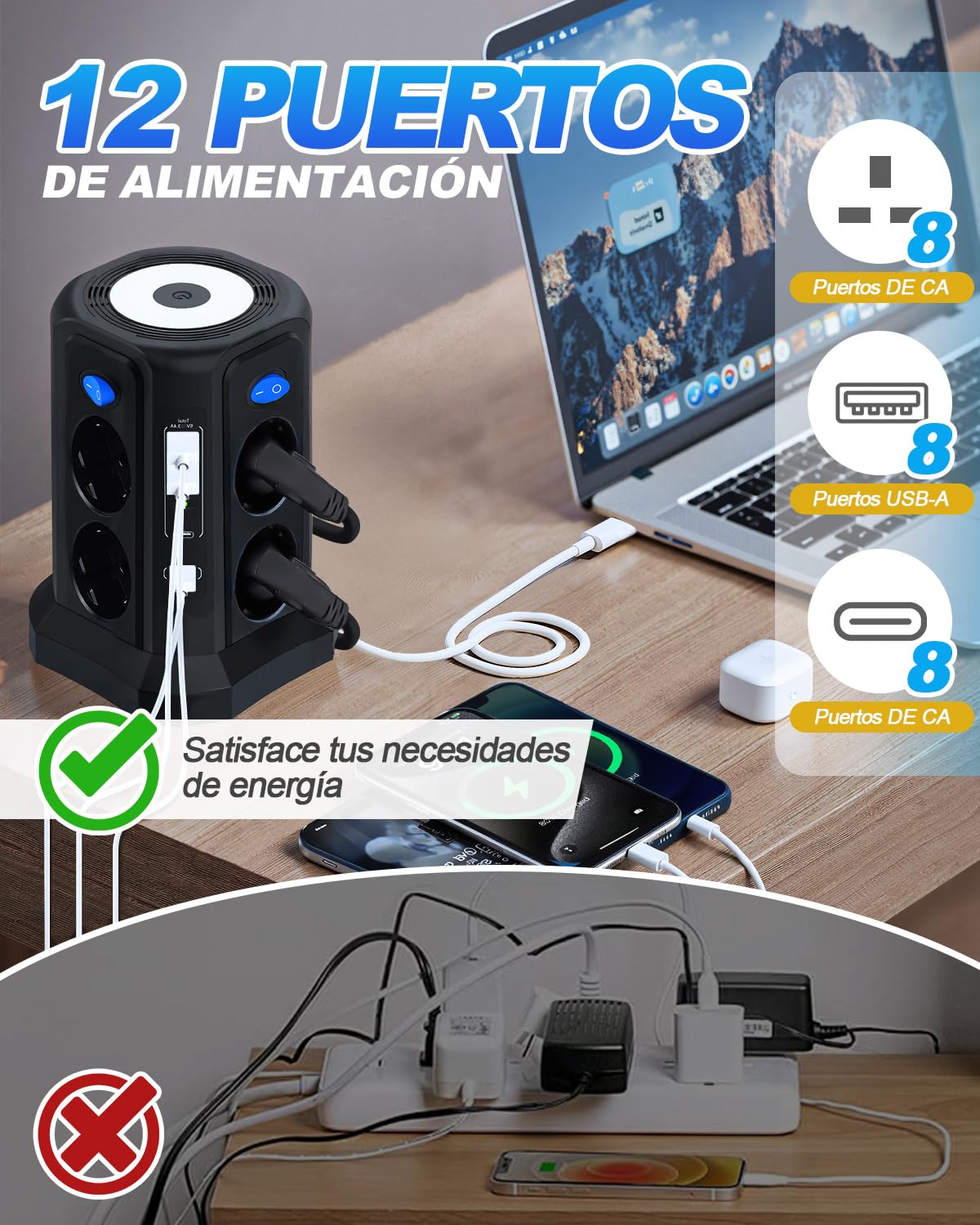 Torre Regletas Enchufes con Luz Nocturna y Carga Rápida PD 20W, Regleta Vertical 4000W 16A con Cable 3M, Protección Sobretensión, 8 Tomas y 4 USB, 4 Interruptores Independientes para Oficina y Casa