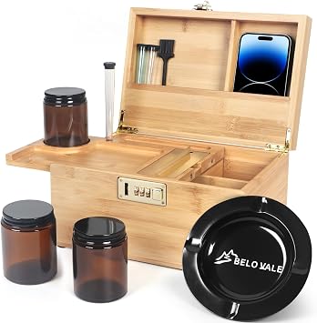 Premium Bamboo Storage Box, Upgraded Piano Coating Surface Decorative Box with Combination Lock, Wooden Box Kit with Sliding-Tray, Metal Plate, Alright Jars and Accessories for Great Gift.