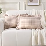 K MASANIJI 2 Pack Taupe Plaid Ruffle Gingham Lumbar Throw Pillow Shams, 100% Washed Cotton Camel Brown Fall Decorative Checkered Farmhouse Pillow Covers for Bed/Sofa Zipper Closure - 12''x20''