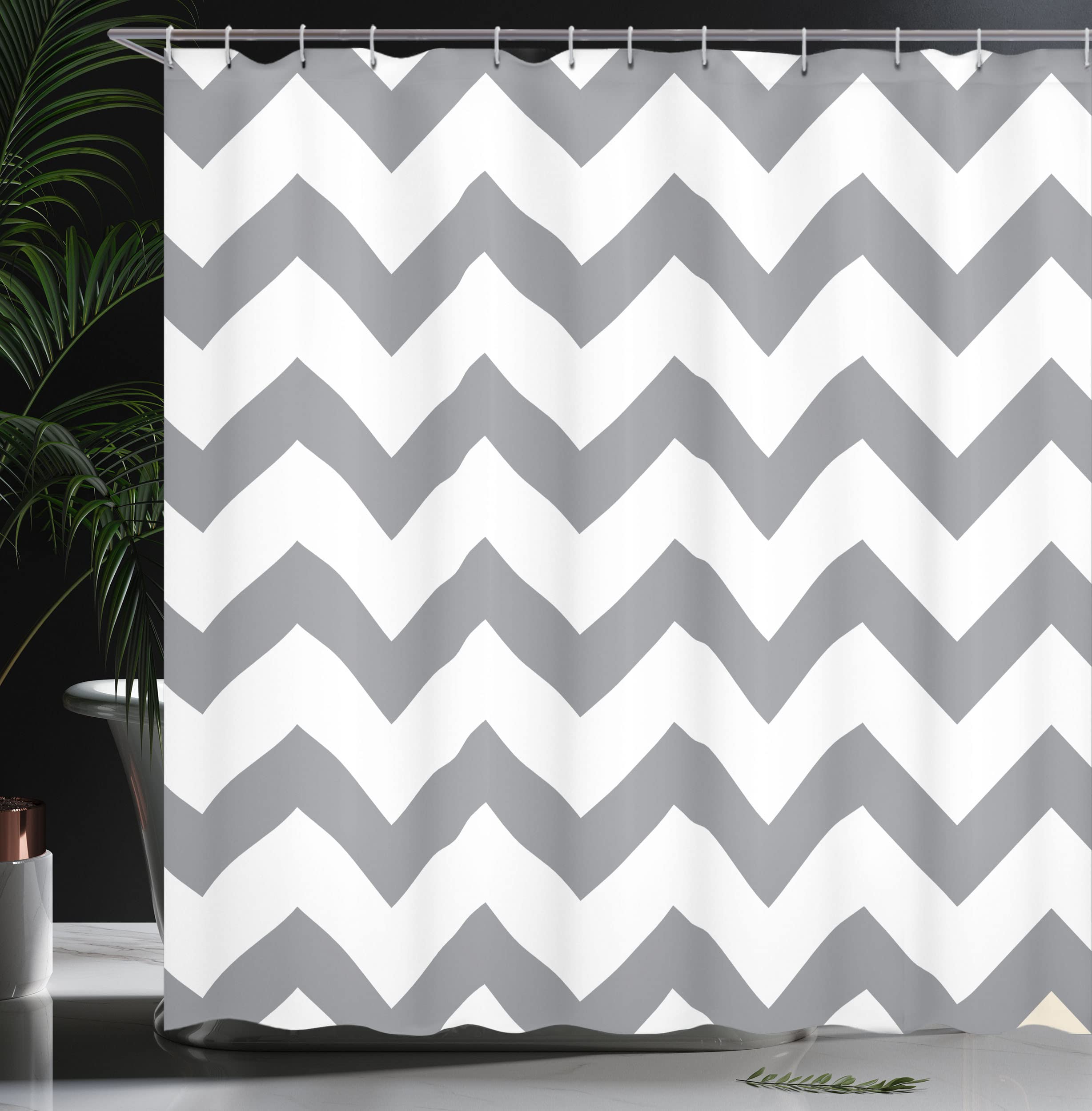 ABAKUHAUS Grey Shower Curtain, Grey and White Chevron Pattern Classic Geometrical Horizontal Zig Zag Stripes Retro - Image 3