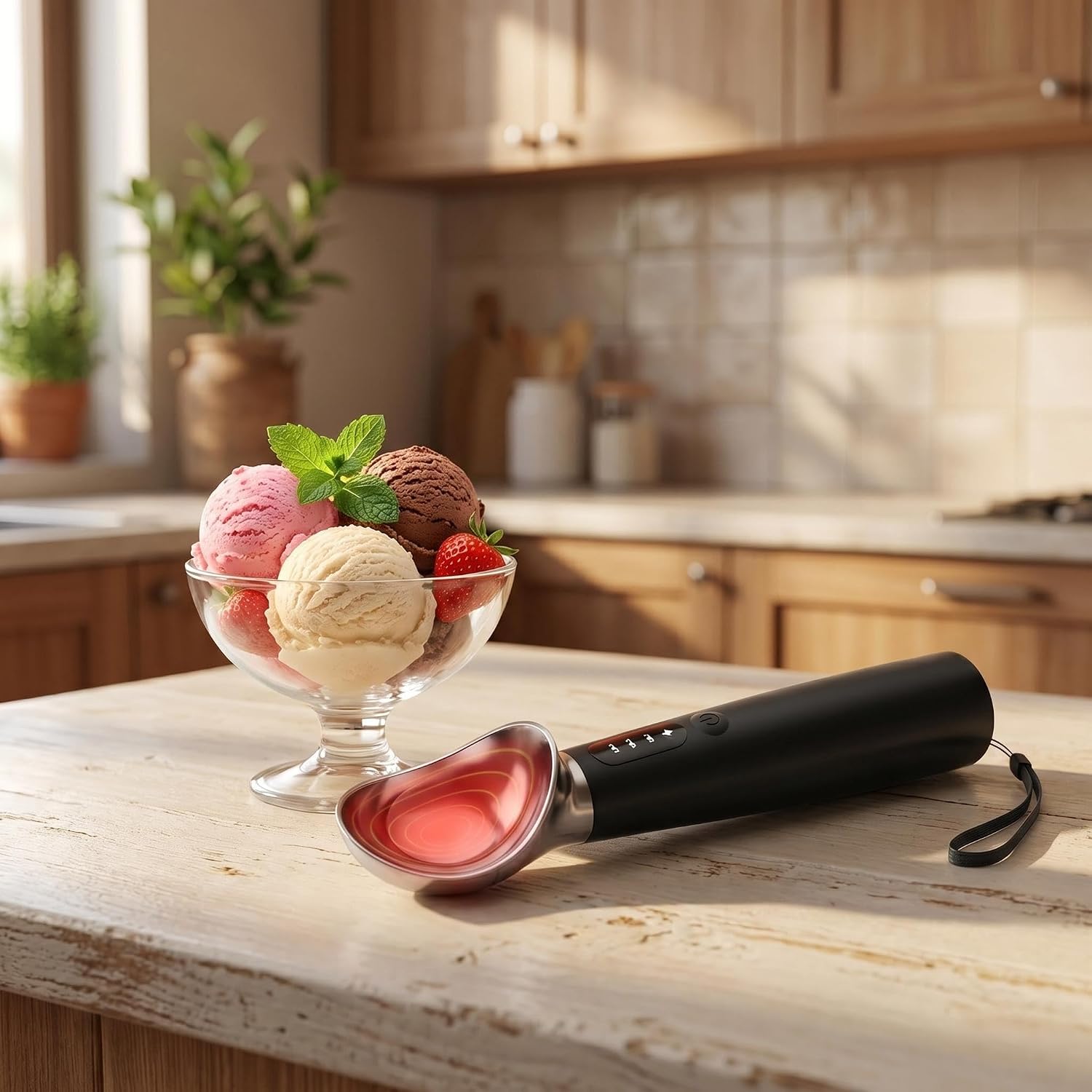 Rechargeable Heated Ice Cream Scooper, Effortless Scooping from Freezer to Bowl, 3-Level Adjustable Heat, Long-Lasting Battery, Easy-Clean Waterproof Design, Perfect for Hard Gelato