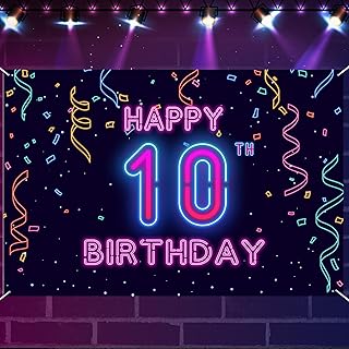 10th Neon Birthday Banner Backdrop, 10 Years Birthday Party Banner Let Glow Party Disco Dance Neon Theme Backdrop, Colorful Night Decorations for Girls Boys Women Men Photo Props Supplies Glitter