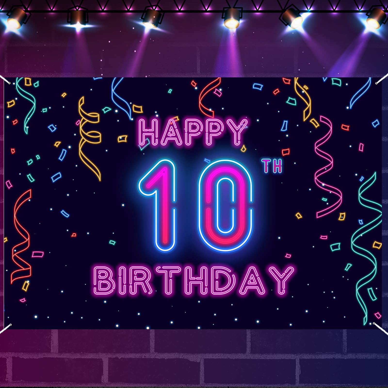 10th Neon Birthday Banner Backdrop, 10 Years Birthday Party Banner Let Glow Party Disco Dance Neon Theme Backdrop, Colorful Night Decorations for