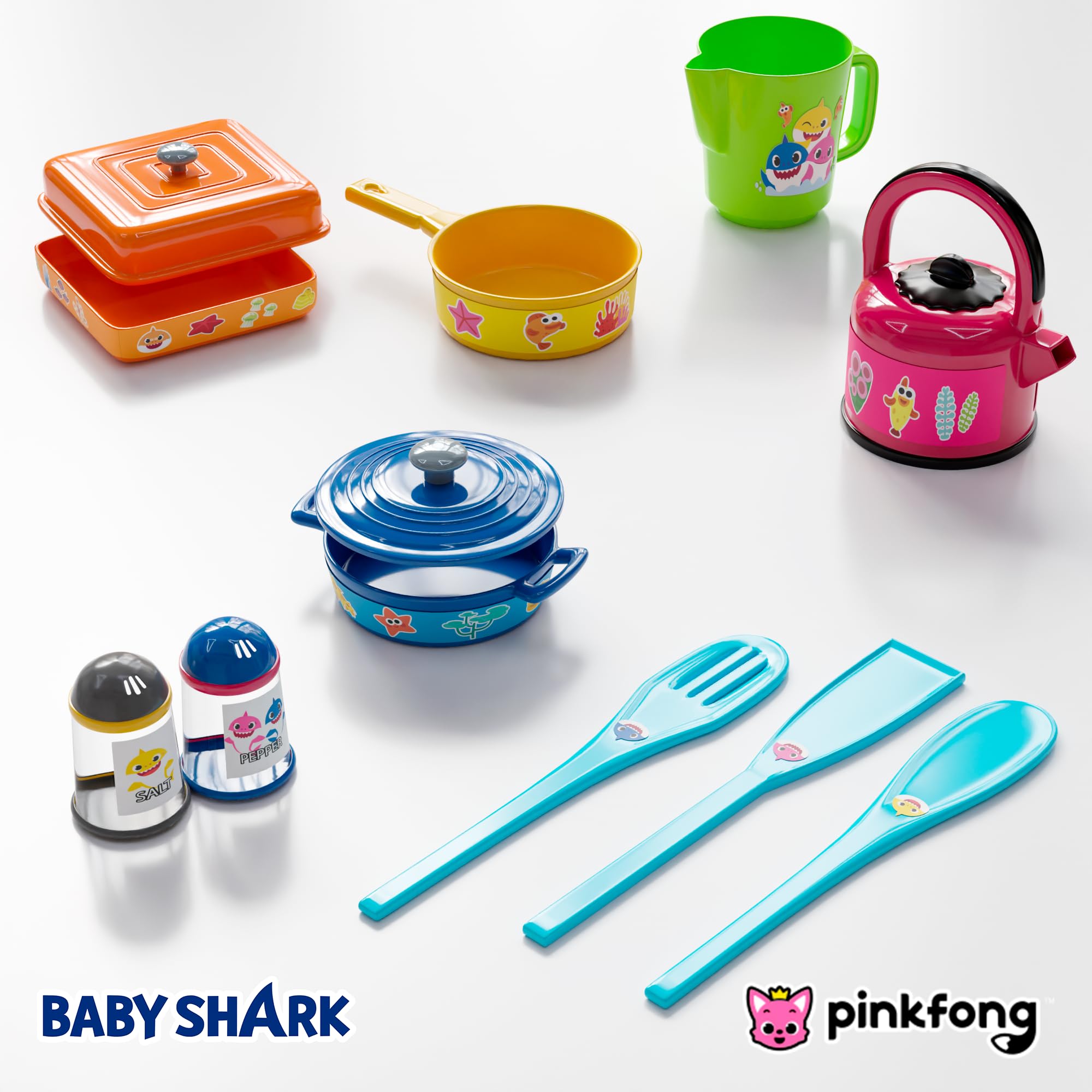 Baby Shark Cooking Adventure Set - Juego de cocina con ollas, sartenes, utensilios, taza medidora, tetera de té, sal y pimentero, gran juego de cocina para niños 9