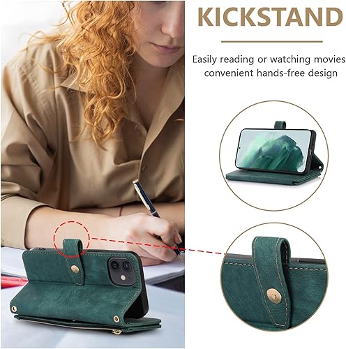 Miniatura 2 de UEEBAI Funda para iPhone 12 Mini de 5.4 pulgadas, 9 ranuras para tarjetas, cartera de cuero retro a prueba de golpes, con correa de mano, ranuras