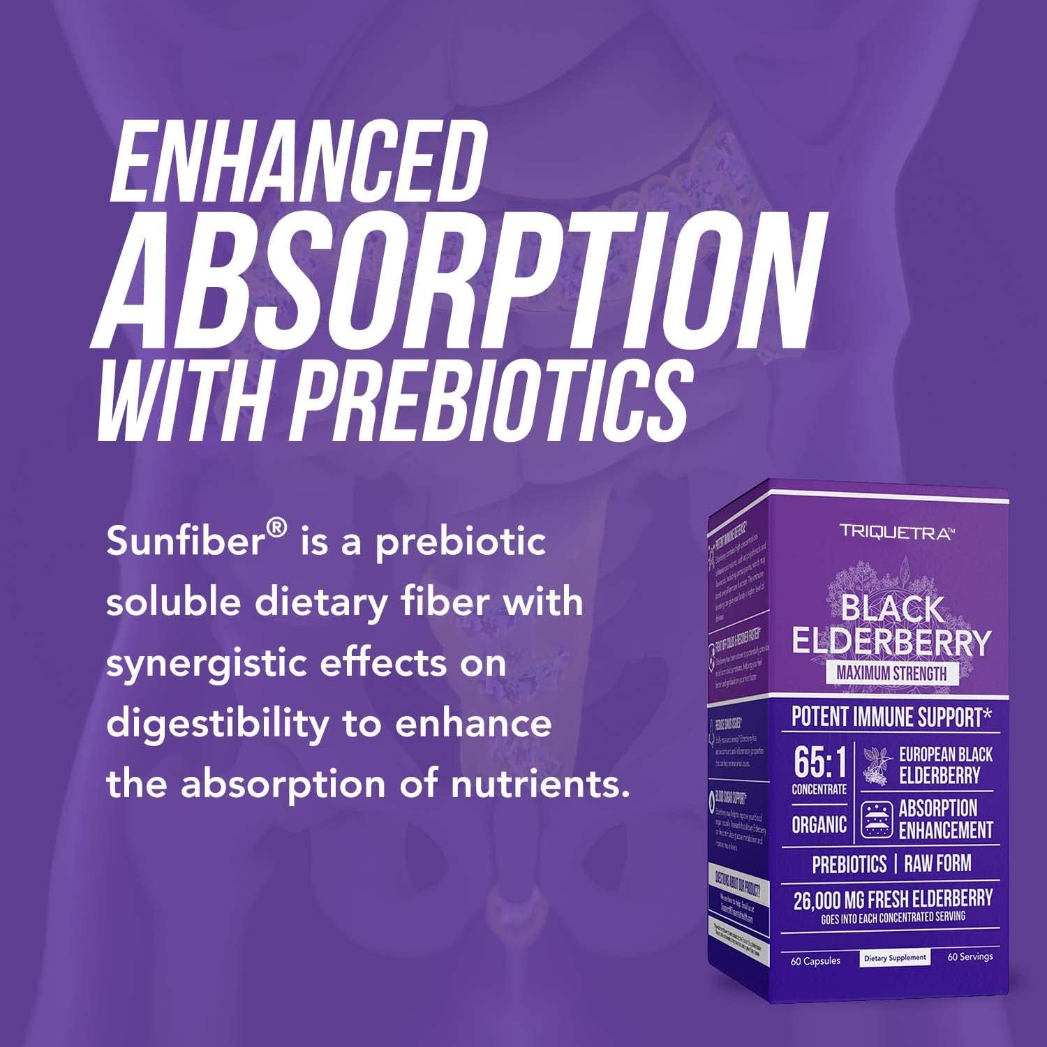 Elderberry Capsules - 65X Concentrate, Maximum Strength with Prebiotic Absorption Enhancement for Immune Support, Organic Sambucus European Black Elderberries - 2 Month Supply (60 Servings)