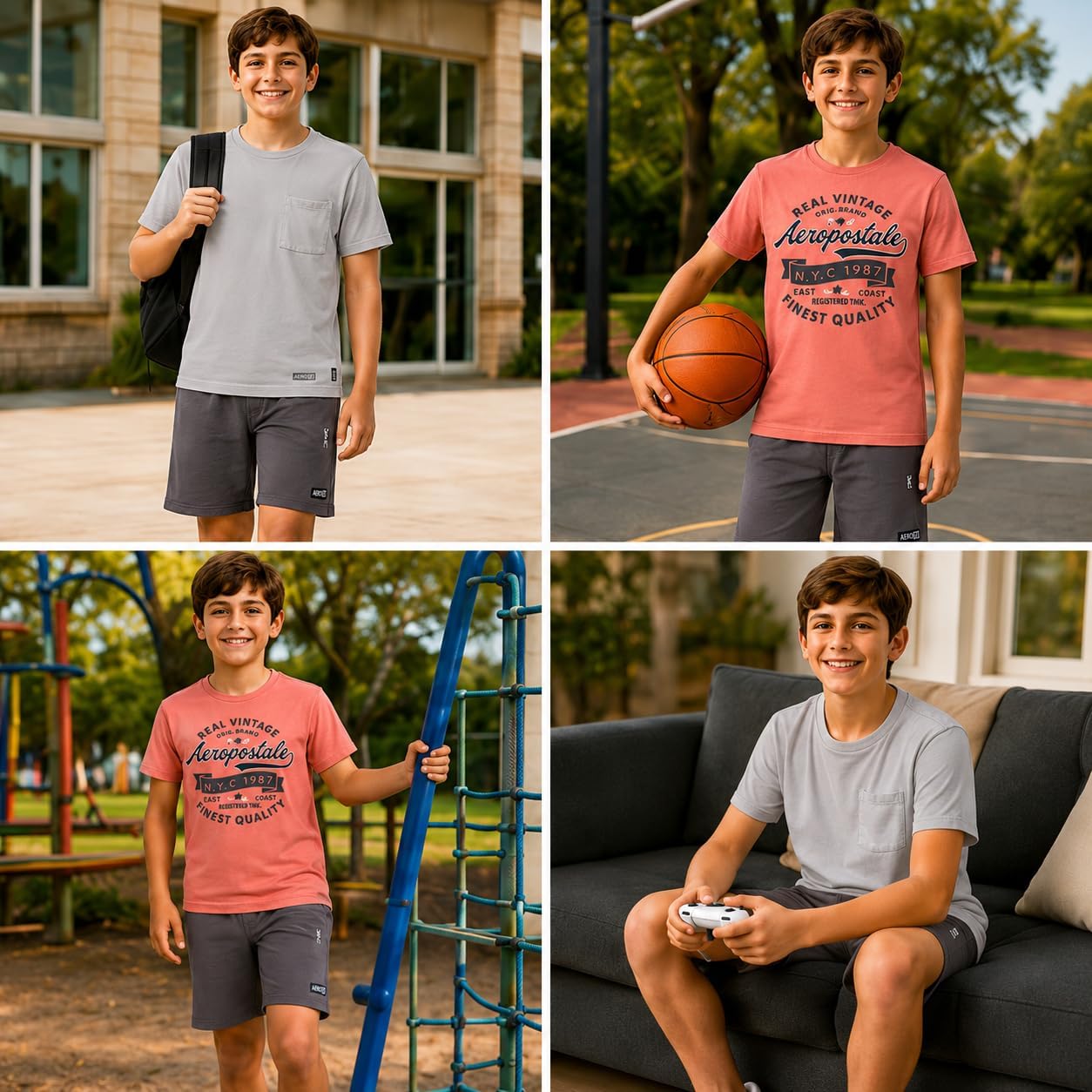 AEROPOSTALE Boys Athletic Shorts Set 3 Piece Graphic T Shirts Fleece Shorts