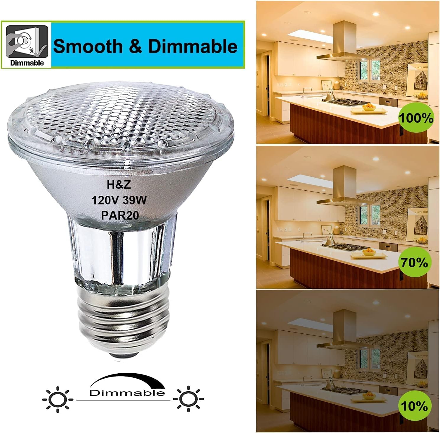 H&Z PAR20 Flood 39W 120V 480 Lumens, 2pack High Output 39W PAR20 Halogen(50W Equivalent) E26 Medium, 3000K Warm White PAR 20 Bulb Dimmable, PAR 20 Flood for Recessed Lights & Range Hood Light Bulbs
