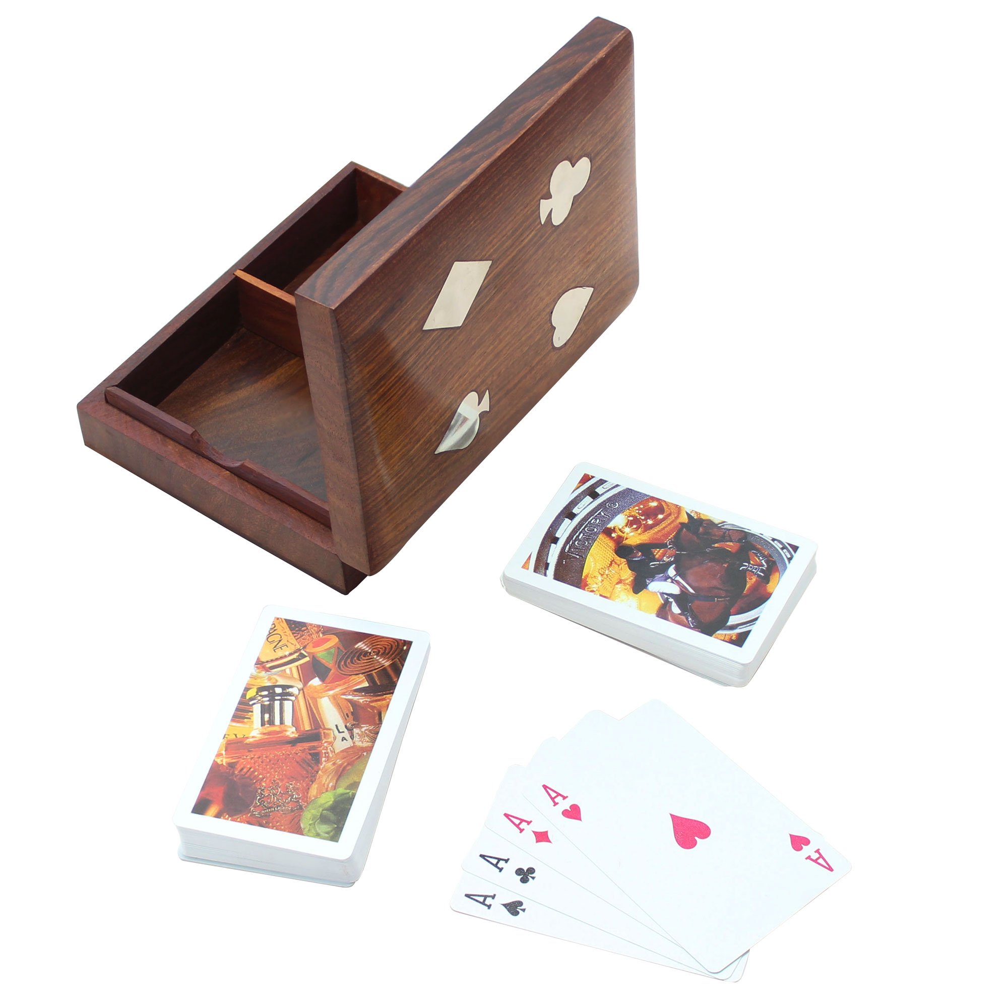 Indische hölzerne Doppel Spielkarte Aufbewahrungsbox mit 2 Standardsätzen