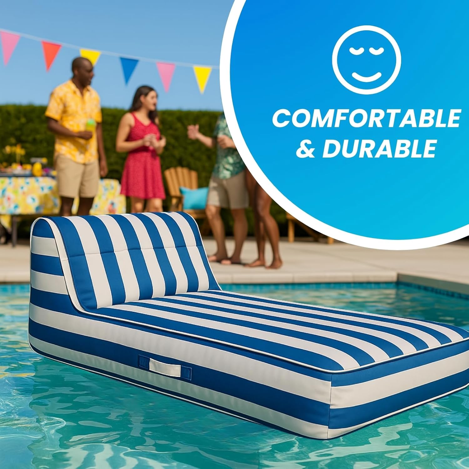 Upholstered Stylish Pool Float Lounger Recliner, Large Floating Chair & Backrest, Heavy Duty Lake, Beach - Premium Comfortable Tube, Durable Water Floaty Tanning Relaxation LoungeFloat - Blue Stripped