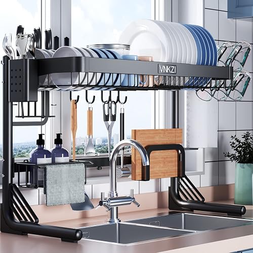 VNKZI Over Sink Dish Drying Rack, 2 Tier Full Stainless Steel Storage Adjustable Length (25.98'' to 36.61'') Kitchen Rack, Multifunctional Expandable Counter Organizer, Space Saver Dish Rack - Black - 2 Tier