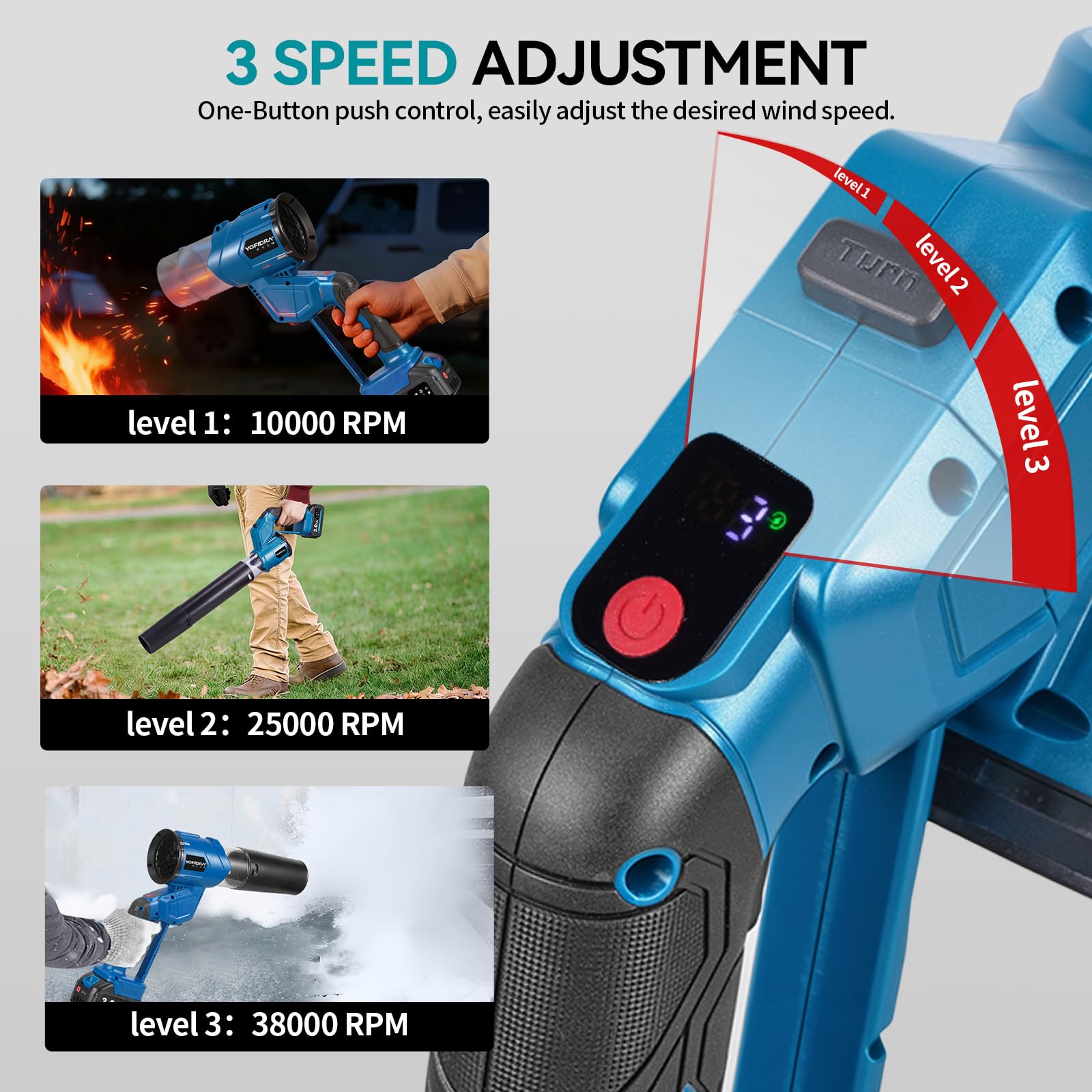 Yofidra Soffiatore a Batteria, 2 IN 1 Soffiatore Portatile Turbo con Motore Senza Spazzole da 950W, 38000 RPM | 3 Velocità, 209 km/h | 2 Batterie da 3.0Ah, per Giardino, Foglie, Polvere