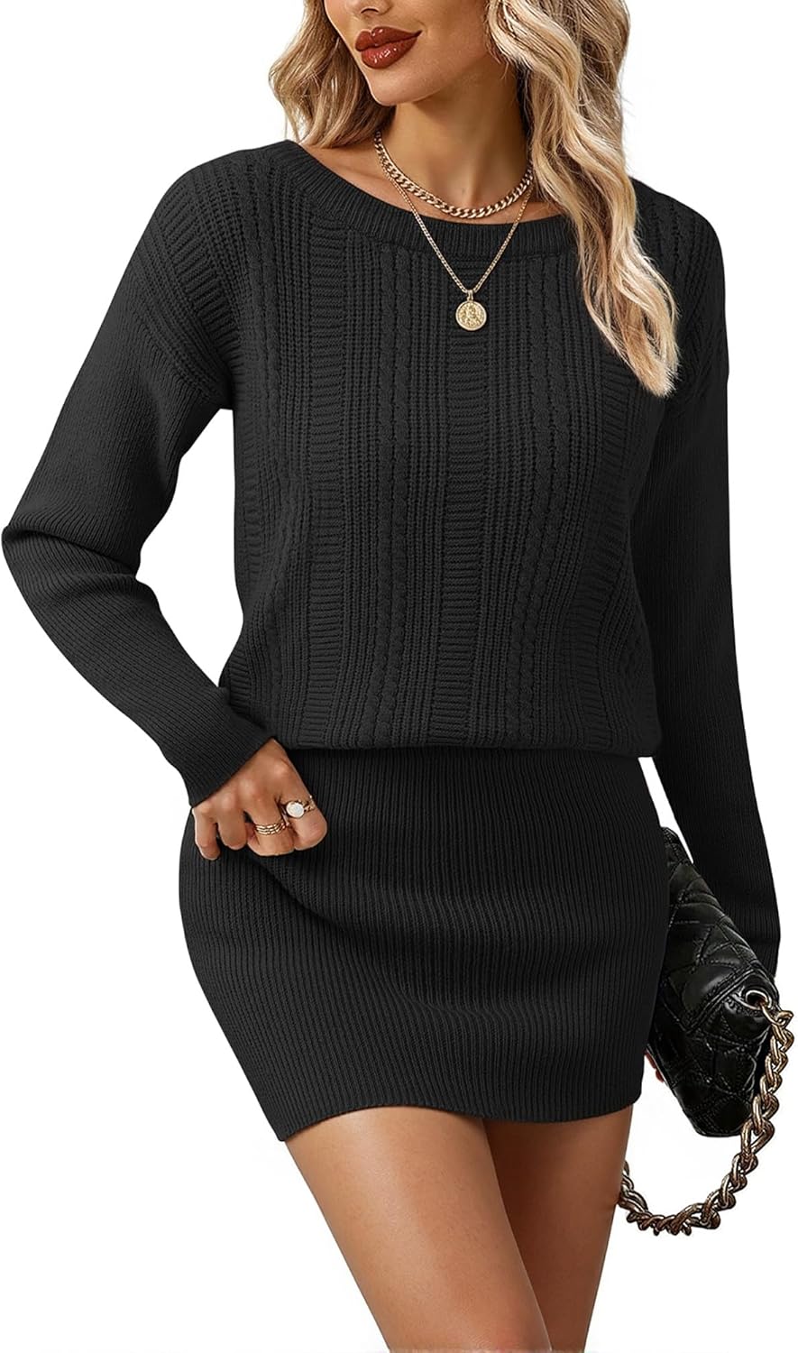 Lotusmile Women's Cable Knit Mini Sweater Dress Boat Neck Off The Shoulder Bodycon Pullover Long Sleeve Short Dresses