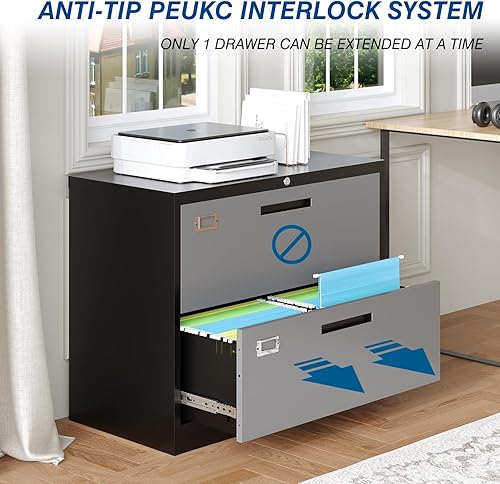 Vista 69 de Archivador de metal con cajón, archivador lateral vertical con cerradura, archivador con gabinete de almacenamiento para oficina en casa, gabinete