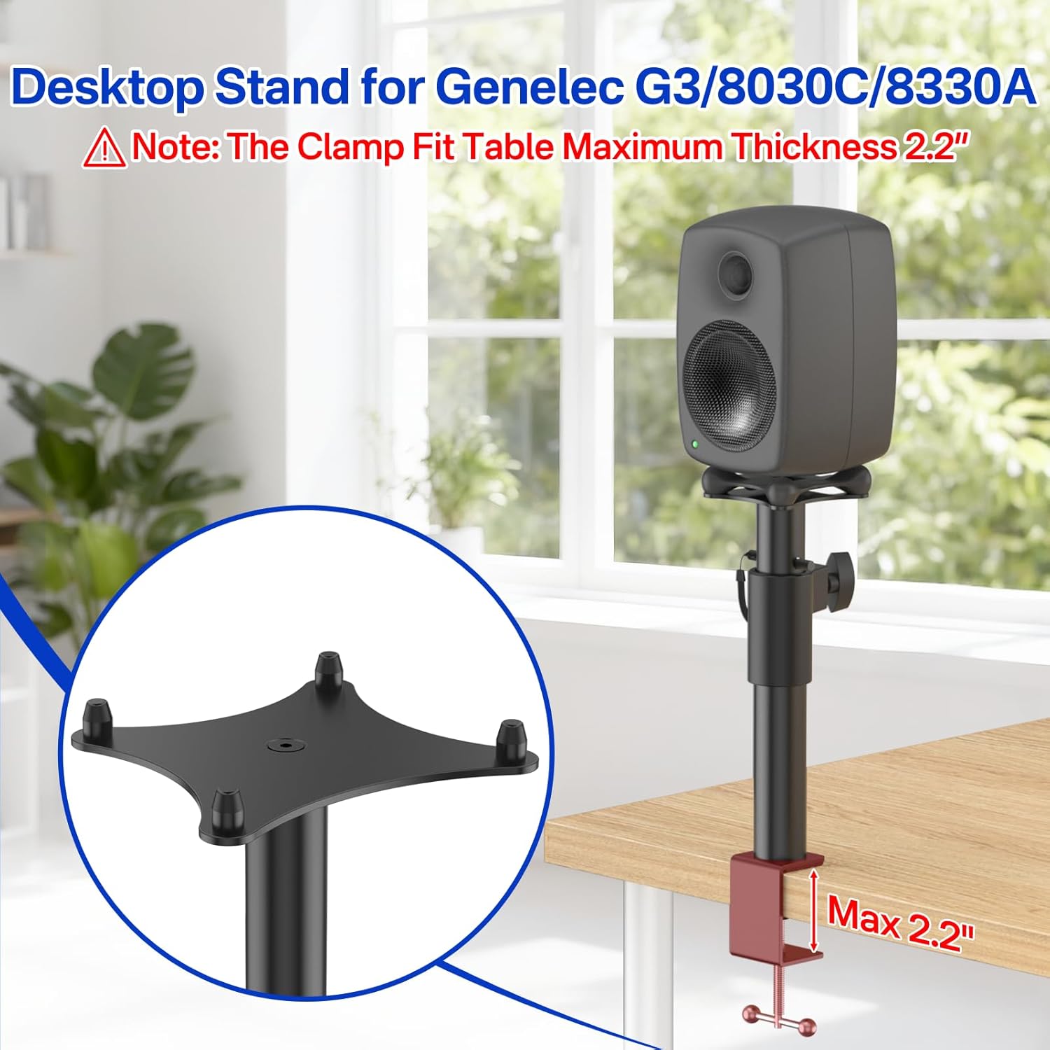 Height Adjustable Clamp-On Desktop Speaker Stands for Genelec G3/8030C/8330A Stand with Cable Management - Desktop Studio Monitor Stands for Genelec Studio Monitor Stand Up to 30Lbs to Elevate Sound
