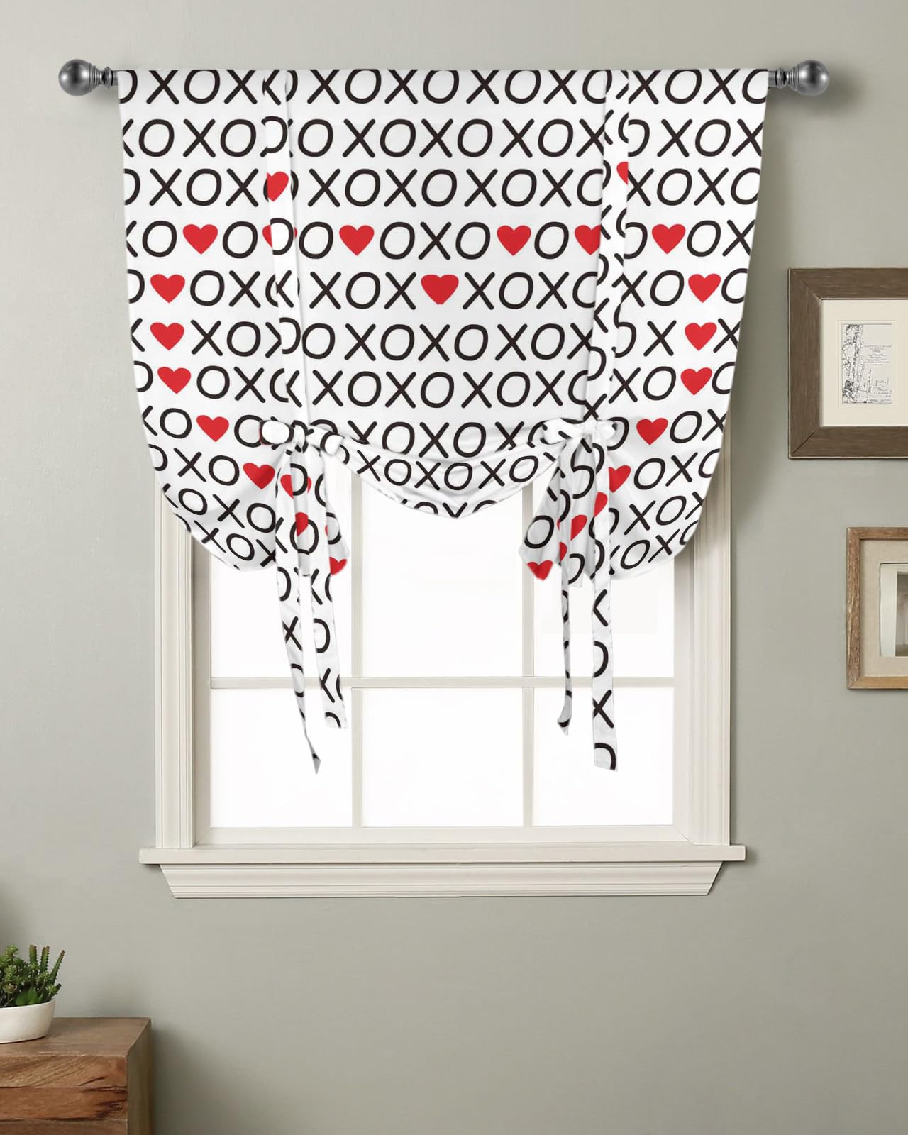 Yukro Tie Up Curtains Window Shades, Happy Valentine's Day Heart Shape Grey Pattern Rod Pocket Tie Up Window Shade, Adjustable Balloon Curtain Shade for Blinds Kitchen Bathroom, 1 Panel, 52