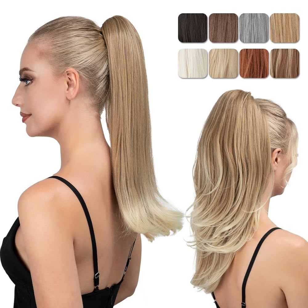 YOUNGWAYS Clip in Ponytail Extension 18 Inch Pony Tails Hair Extensions for Women Long Straight Curly Tail Ponytail Hair piece Synthetic Fake Versatile Pony Gloden Blonde and Beach Blonde Tips