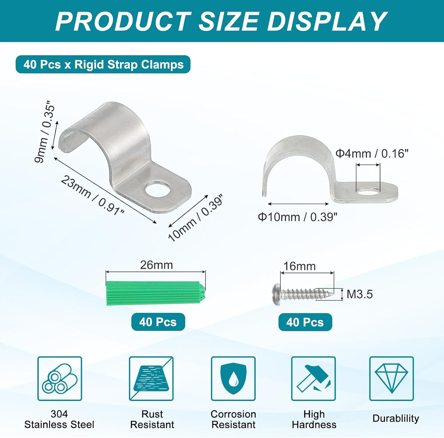 MECCANIXITY 40Pack Rigid Pipe Strap Fit for 3/8in(10mm) Cable, 304 Stainless Steel U Shape Strap Clamp with 1 Hole for Conduit, Wire, Cord, Pipe Fixing