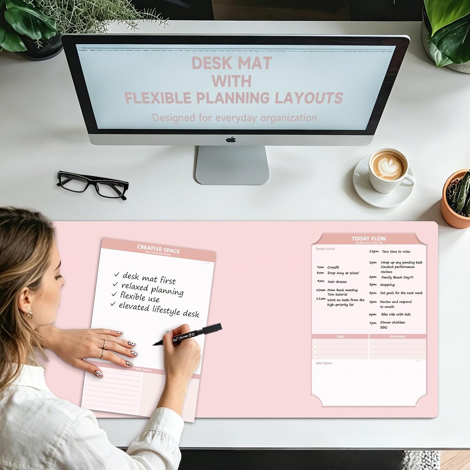 Leather Desk Pad Protector, Large Office Faux Leather Desk Mat, Non-Slip Large Mouse Pad, Flexible Desktop Dry Erase Planning Sheets Included - 16"x34" Blush Pink