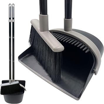 Long Handled Dustpan and Brush Set   Broom and Dustpan Set Reduce Bending Tall Lobby Dustpan and Sweeping Brush Black & Grey