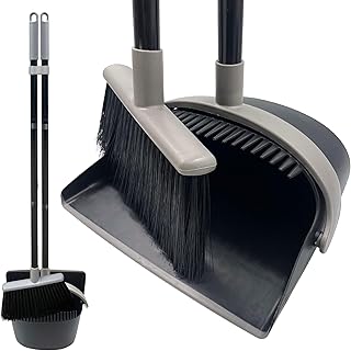 Long Handled Dustpan and Brush Set – Broom and Dustpan Set Reduce Bending Tall Lobby Dustpan and Sweeping Brush (Black & Grey)