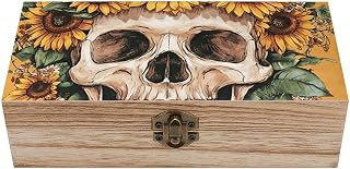Vintage Wooden Storage Box with Hinged Lid, Sunflower Skull | Natural Wood Keepsake Memory Box, Small Wood Organizer for Jewelry, Rings, Trinkets, Crafts, DIY Engraving, Home Decor Gifts