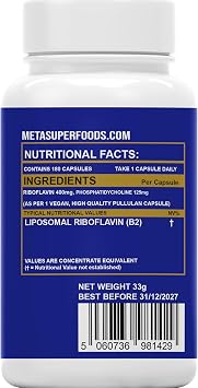 Vitamin B2 Riboflavin | 400mg Migraine Support 180 Capsules | 6 Months Supply | Vegan, High Strength Riboflavin Supplement | Liposomal Delivery for Maximum Absorption | Non-GMO | UK Company
