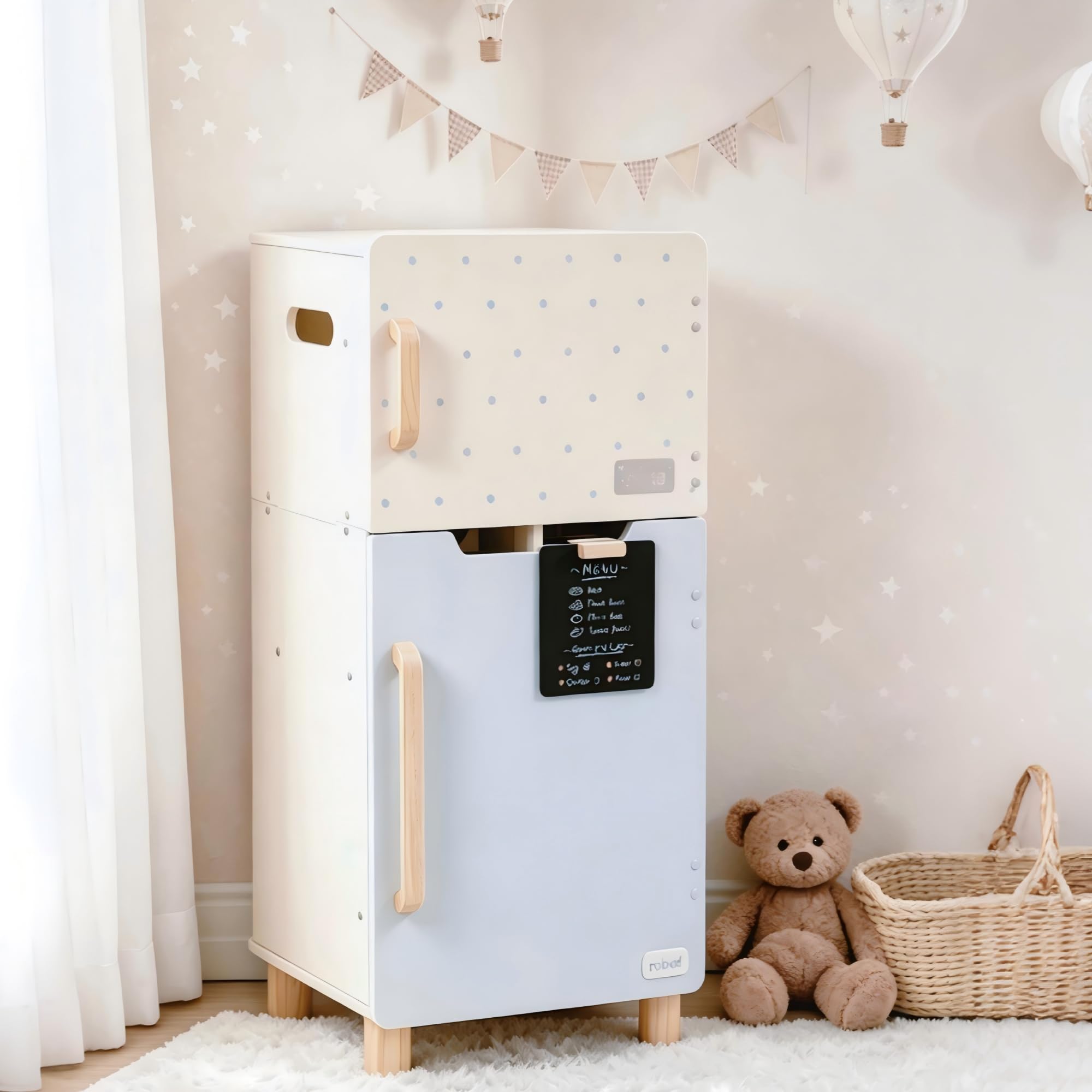 ROBUD Set da gioco con frigorifero in legno, frigorifero per giochi di finzione per bambini con lavagnetta, congelatore e accessori, frigorifero giocattolo bambini bambine 3+