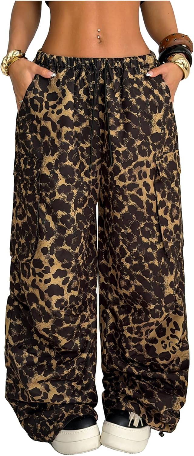 GORGLITTER Women's Leopard Parachute Pants Cheetah Print Baggy Cargo Track Pants Y2K Elastic High Waisted Trousers