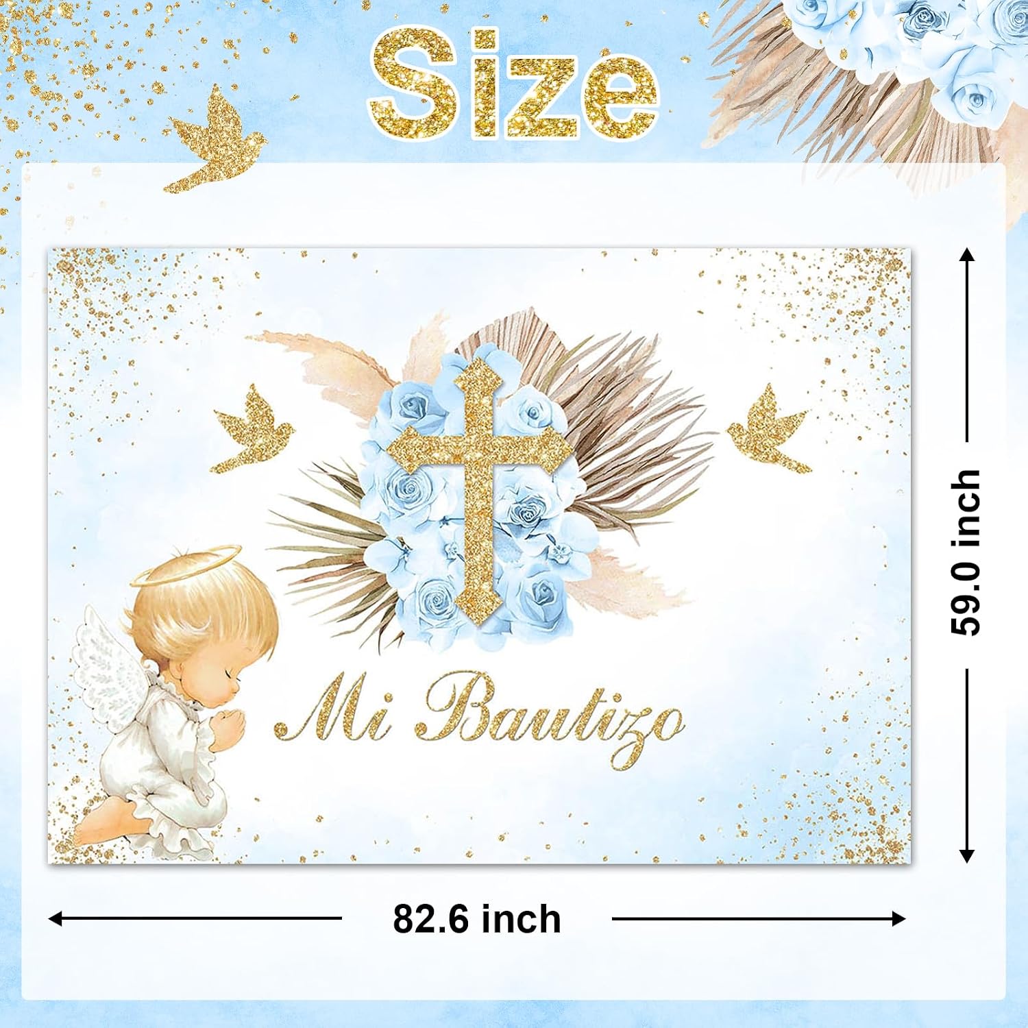Avezano Mi Bautizo Backdrop 7x5ft Boho Baptism Party Decorations for Boy Blue Floral Angel God Bless Photography Background Christening Newborn Baby Shower Props